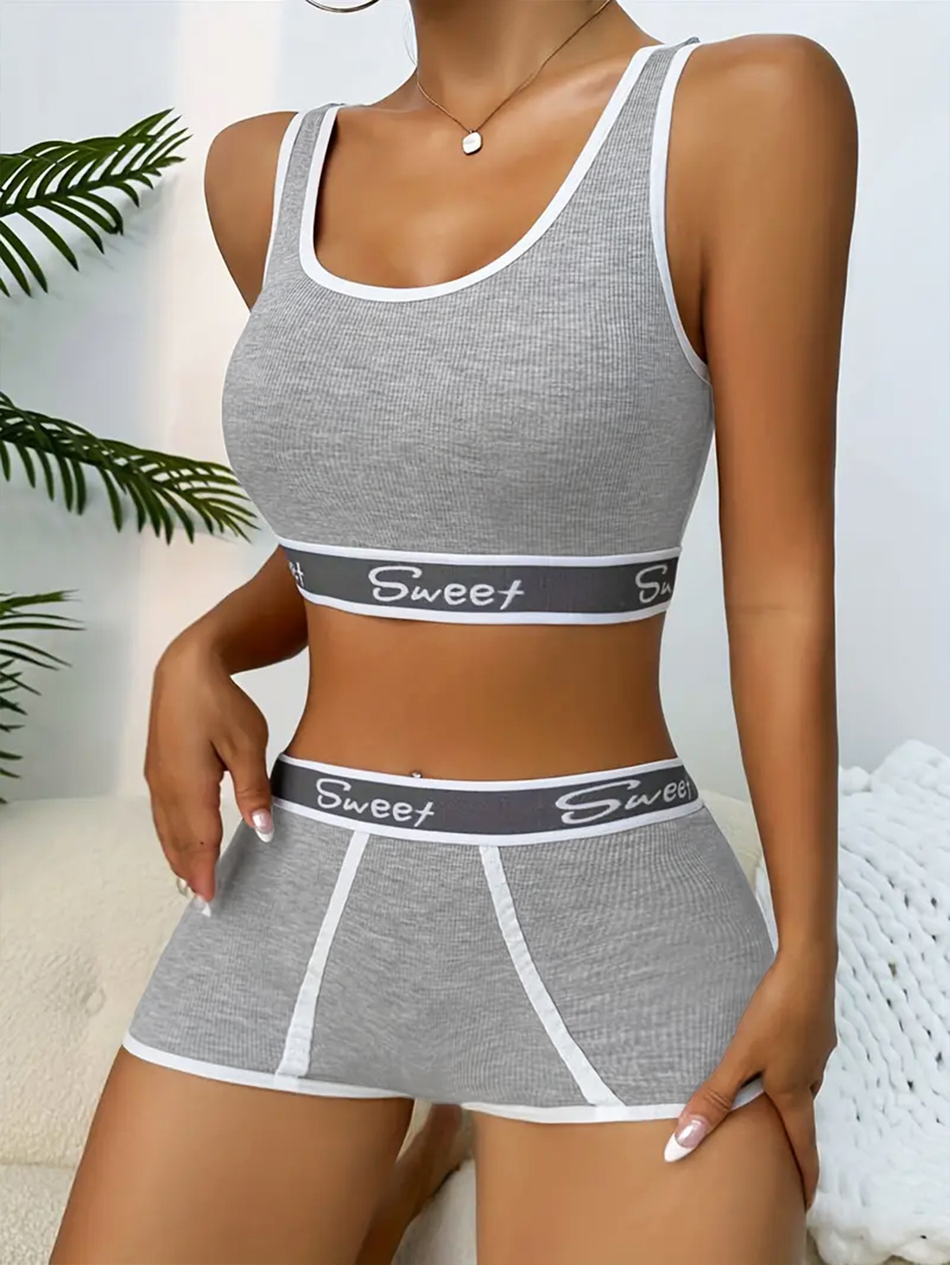 "Letter Print Bra Panties Ribbed Wireless Bra Elastic Panties "